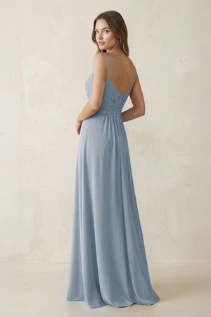 Spaghetti Strap Ruched Chiffon A-Line Bridesmaid Dress in Dusty Blue (2) | KISSBRIDAL