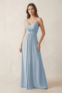 Spaghetti Strap Ruched Chiffon A - Line Bridesmaid Dress in Dusty Blue - SHE IS ME Bridesmaid Dresses
