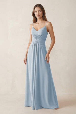 Spaghetti Strap Ruched Chiffon A - Line Bridesmaid Dress in Dusty Blue - SHE IS ME Bridesmaid Dresses