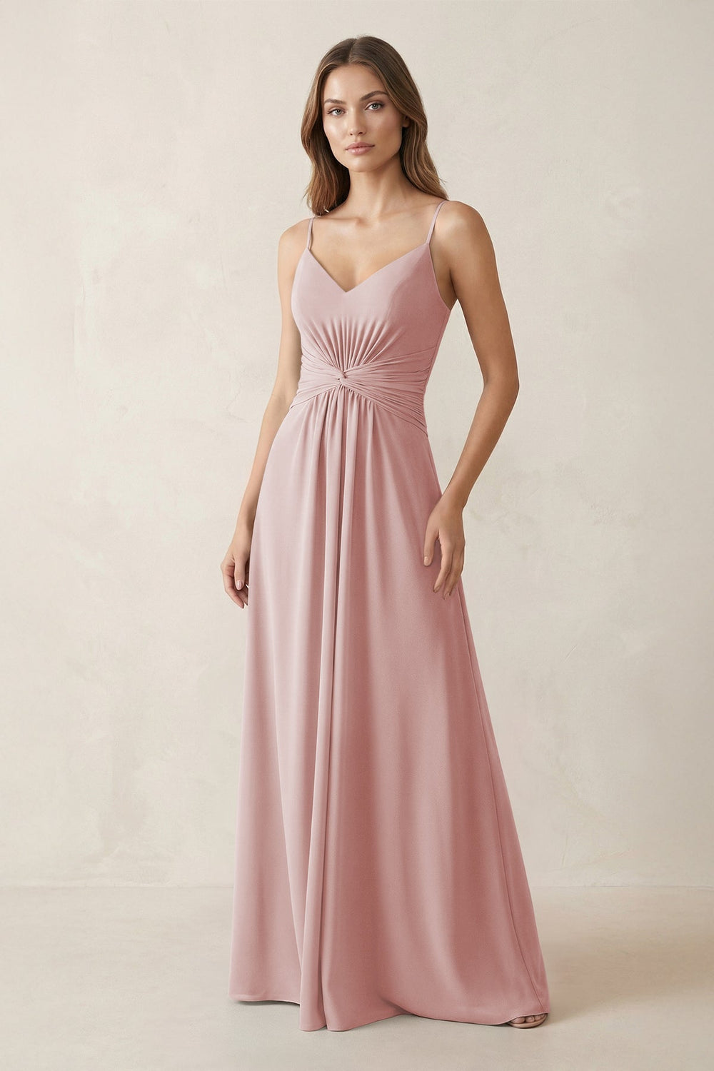 Spaghetti Strap Ruched Chiffon A - Line Bridesmaid Dress in Dusty Rose - KISS BRIDAL Bridesmaid Dresses