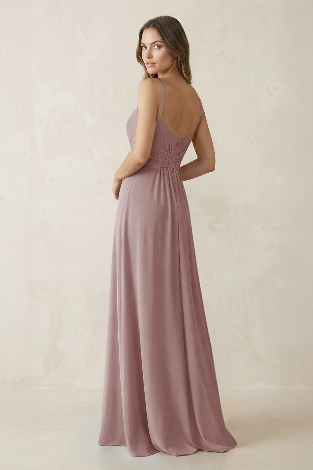 Spaghetti Strap Ruched Chiffon A-Line Bridesmaid Dress in Dusty Rose