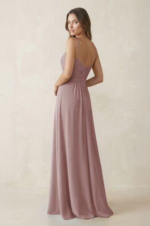 Spaghetti Strap Ruched Chiffon A-Line Bridesmaid Dress in Dusty Rose (2) | KISSBRIDAL