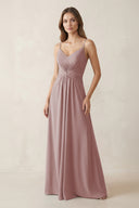 Spaghetti Strap Ruched Chiffon A-Line Bridesmaid Dress in Dusty Rose | KISSBRIDAL