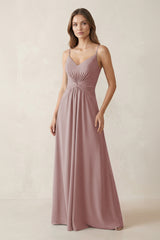 Spaghetti Strap Ruched Chiffon A-Line Bridesmaid Dress in Dusty Rose | KISSBRIDAL