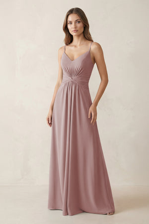 Spaghetti Strap Ruched Chiffon A-Line Bridesmaid Dress in Dusty Rose | KISSBRIDAL