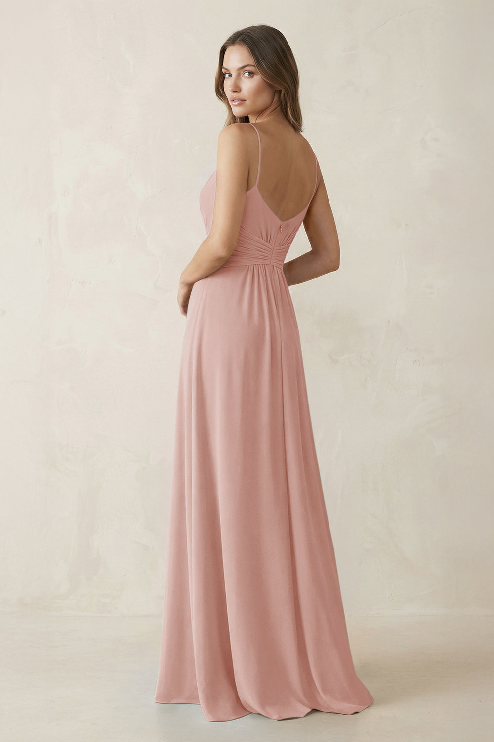 Spaghetti Strap Ruched Chiffon A-Line Bridesmaid Dress in English Rose