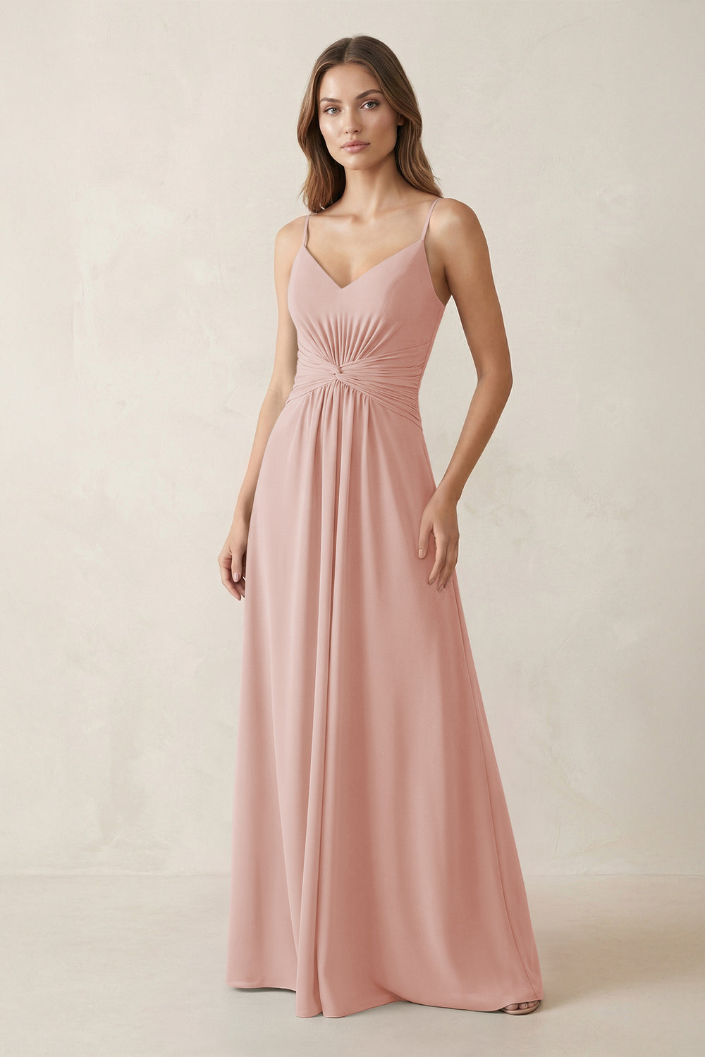 Spaghetti Strap Ruched Chiffon A-Line Bridesmaid Dress in English Rose