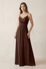 Spaghetti Strap Ruched Chiffon A - Line Bridesmaid Dress in Espresso - KISS BRIDAL Bridesmaid Dresses