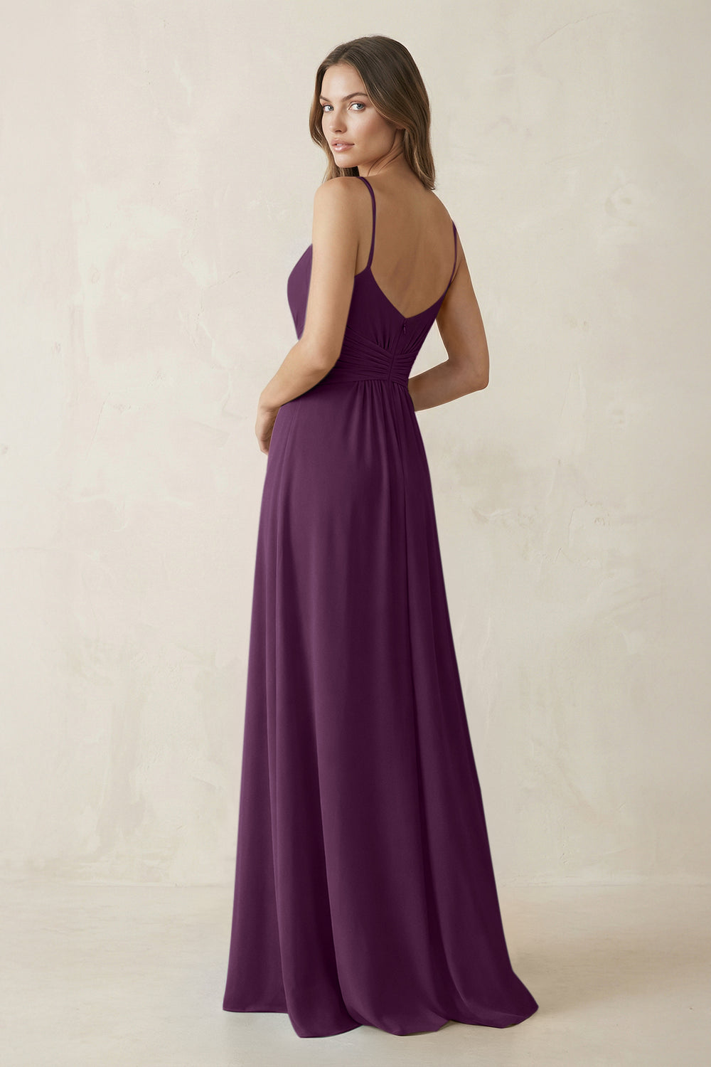 Spaghetti Strap Ruched Chiffon A-Line Bridesmaid Dress in Fig