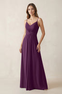 Spaghetti Strap Ruched Chiffon A-Line Bridesmaid Dress in Fig | KISSBRIDAL