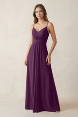 Spaghetti Strap Ruched Chiffon A-Line Bridesmaid Dress in Fig | KISSBRIDAL