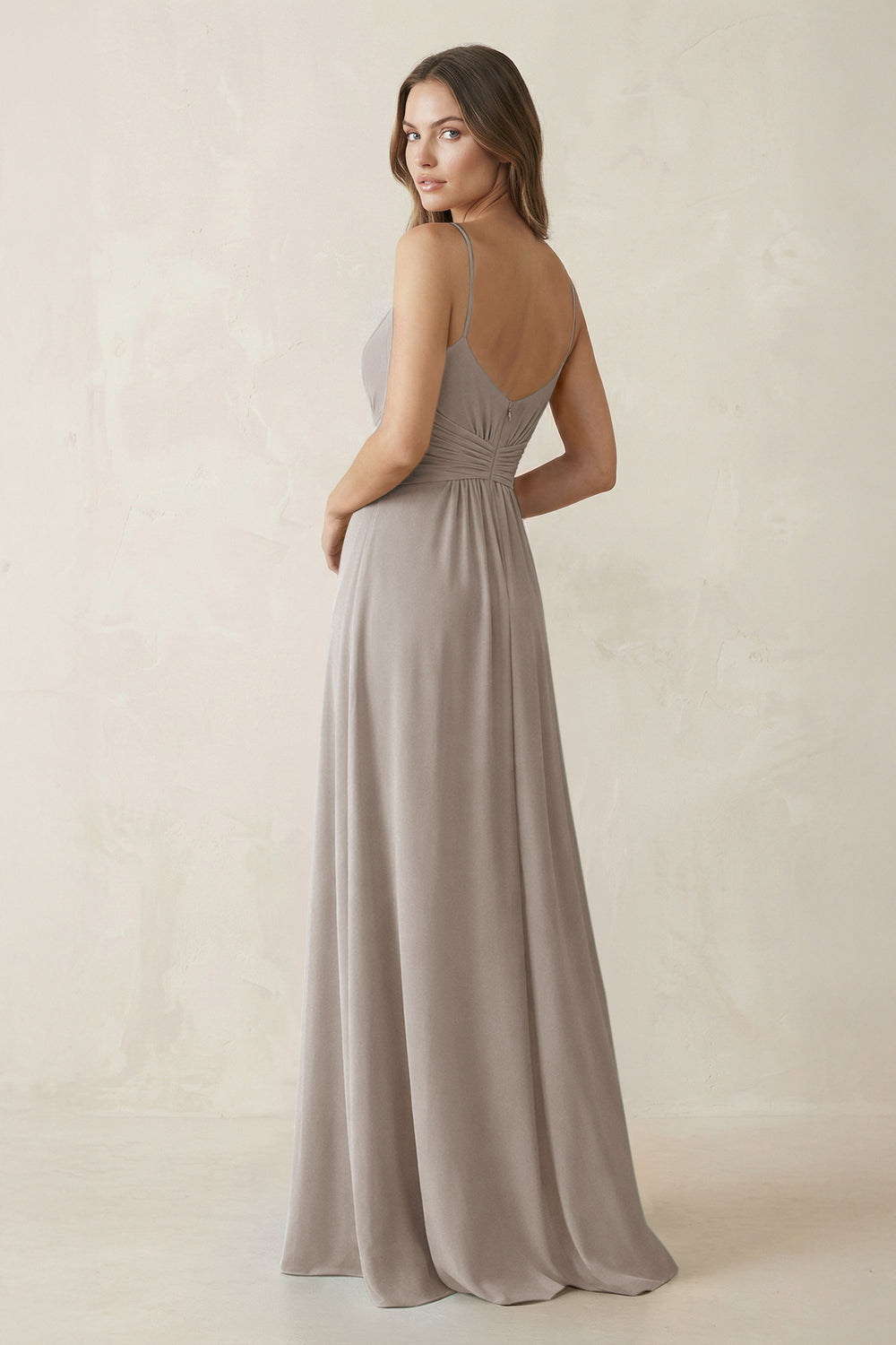 Spaghetti Strap Ruched Chiffon A-Line Bridesmaid Dress in Frost
