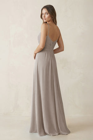 Spaghetti Strap Ruched Chiffon A-Line Bridesmaid Dress in Frost (2) | KISSBRIDAL
