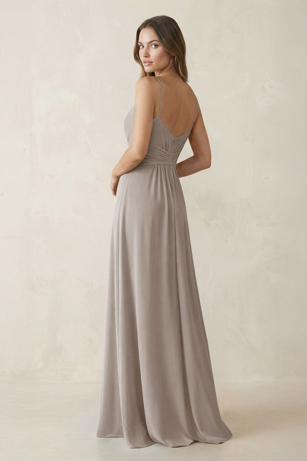 Spaghetti Strap Ruched Chiffon A-Line Bridesmaid Dress in Frost (2) | KISSBRIDAL