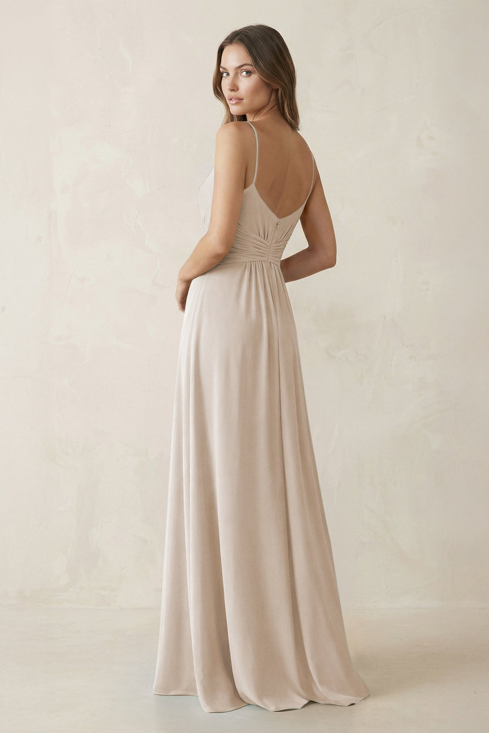 Spaghetti Strap Ruched Chiffon A - Line Bridesmaid Dress in Frost - KISS BRIDAL Bridesmaid Dresses