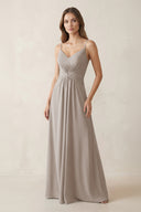 Spaghetti Strap Ruched Chiffon A-Line Bridesmaid Dress in Frost | KISSBRIDAL