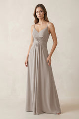 Spaghetti Strap Ruched Chiffon A-Line Bridesmaid Dress in Frost | KISSBRIDAL