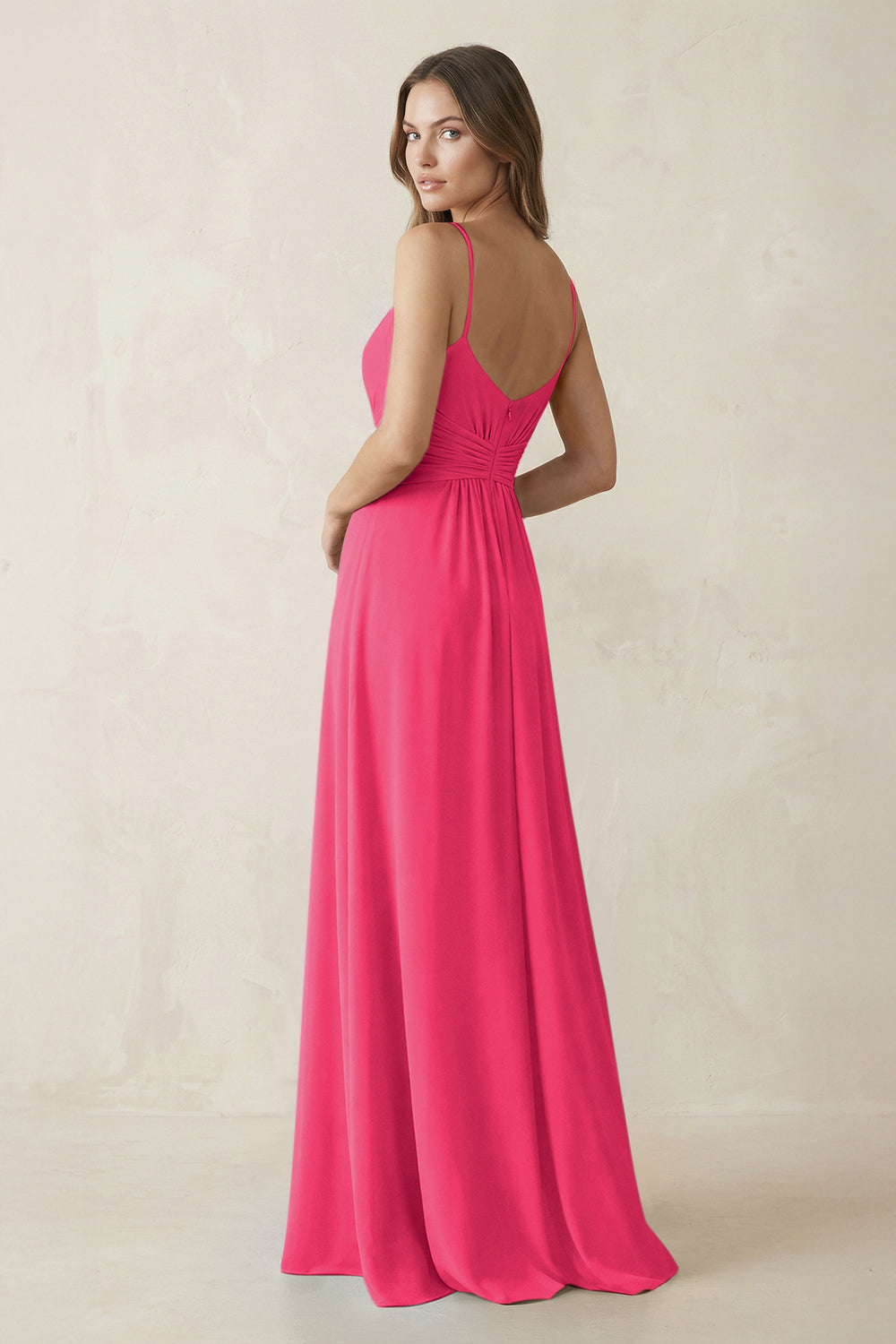 Spaghetti Strap Ruched Chiffon A-Line Bridesmaid Dress in Fuchsia