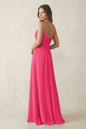Spaghetti Strap Ruched Chiffon A-Line Bridesmaid Dress in Fuchsia (2) | KISSBRIDAL