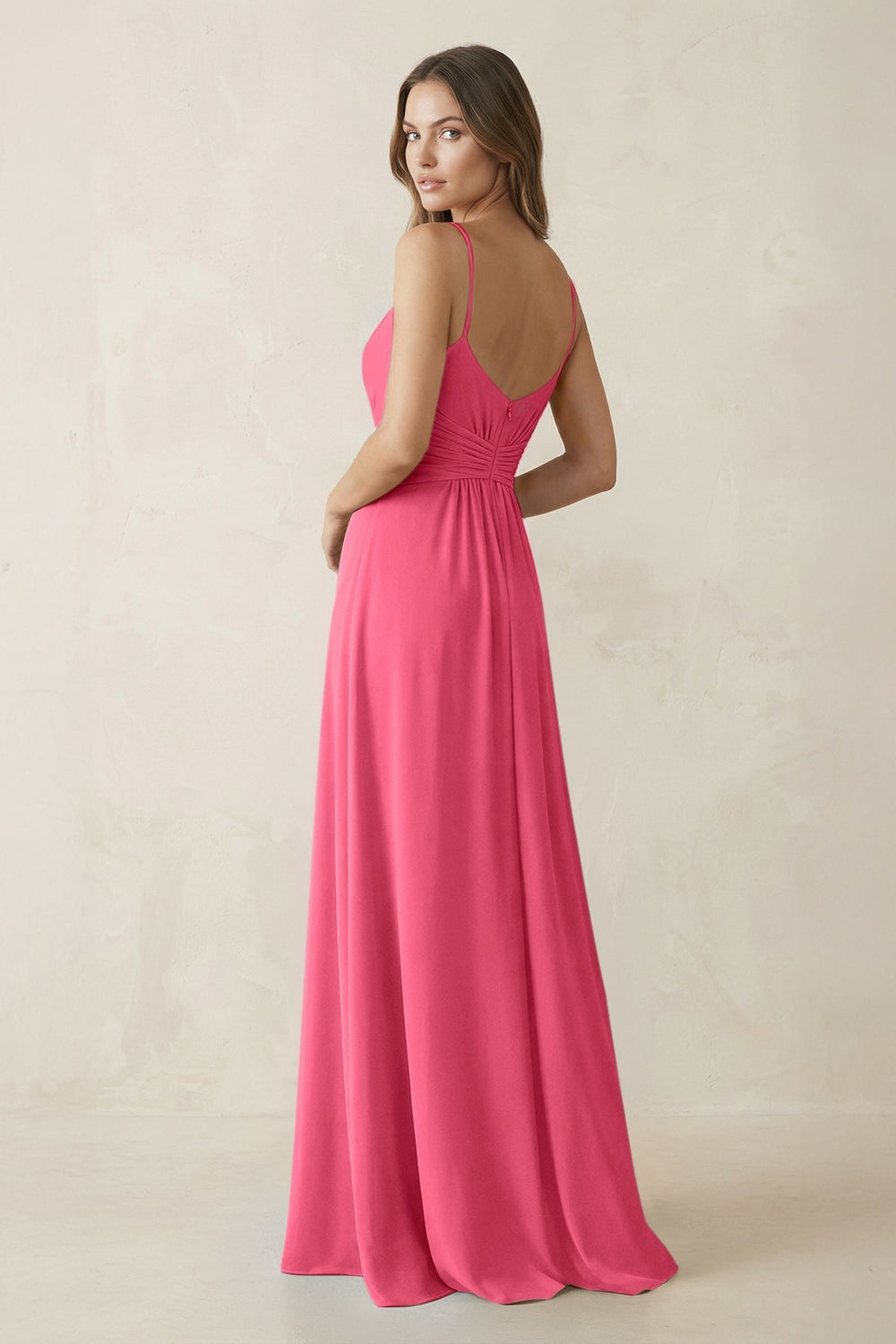 Spaghetti Strap Ruched Chiffon A - Line Bridesmaid Dress in Fuchsia - KISS BRIDAL Bridesmaid Dresses