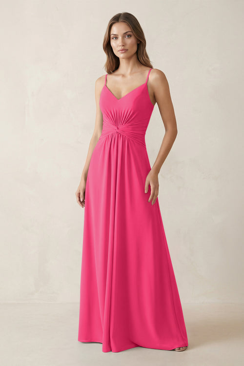 Spaghetti Strap Ruched Chiffon A-Line Bridesmaid Dress in Fuchsia | KISSBRIDAL