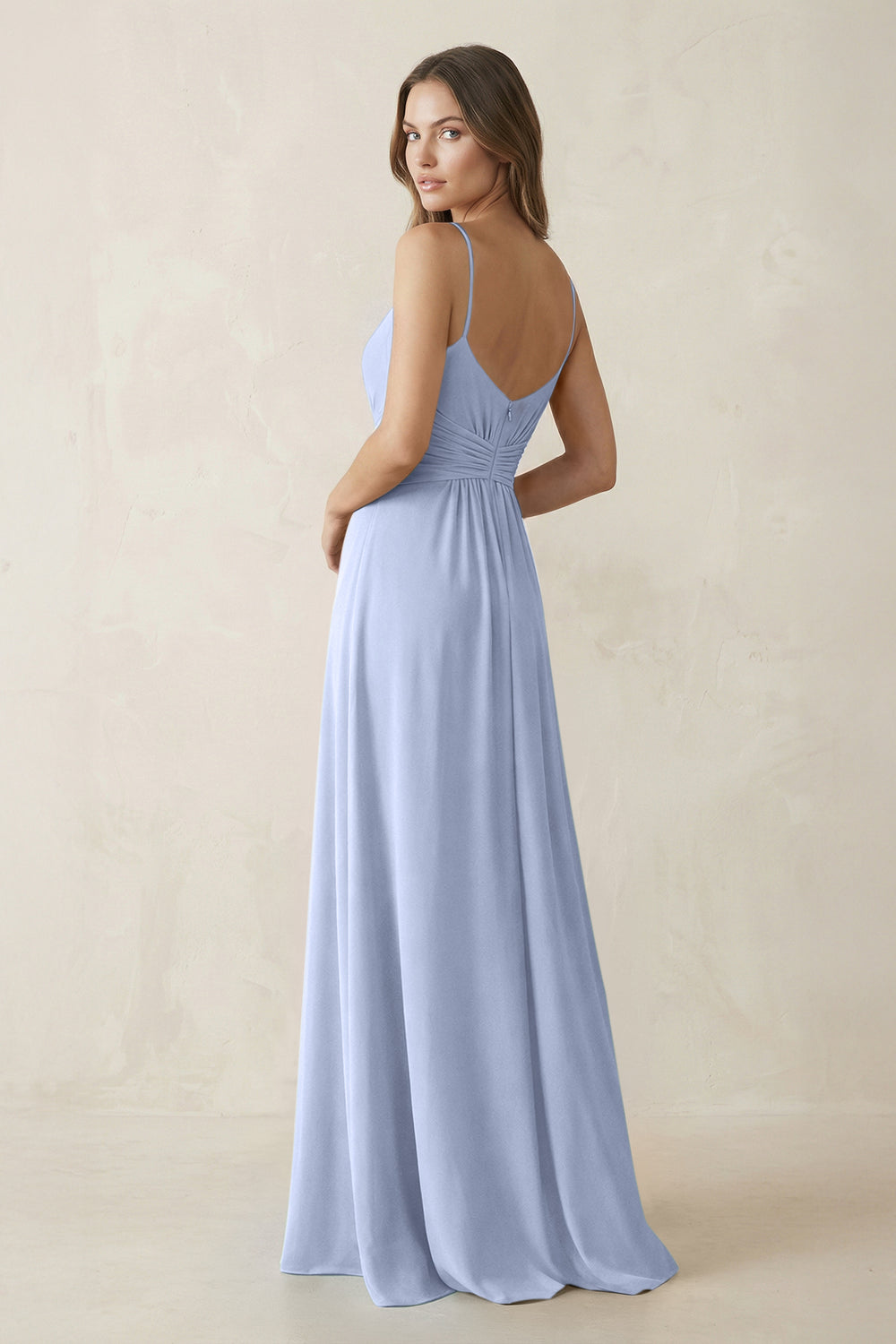 Spaghetti Strap Ruched Chiffon A-Line Bridesmaid Dress in Ice