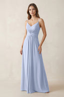 Spaghetti Strap Ruched Chiffon A-Line Bridesmaid Dress in Ice | KISSBRIDAL