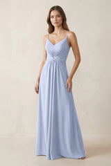 Spaghetti Strap Ruched Chiffon A-Line Bridesmaid Dress in Ice | KISSBRIDAL
