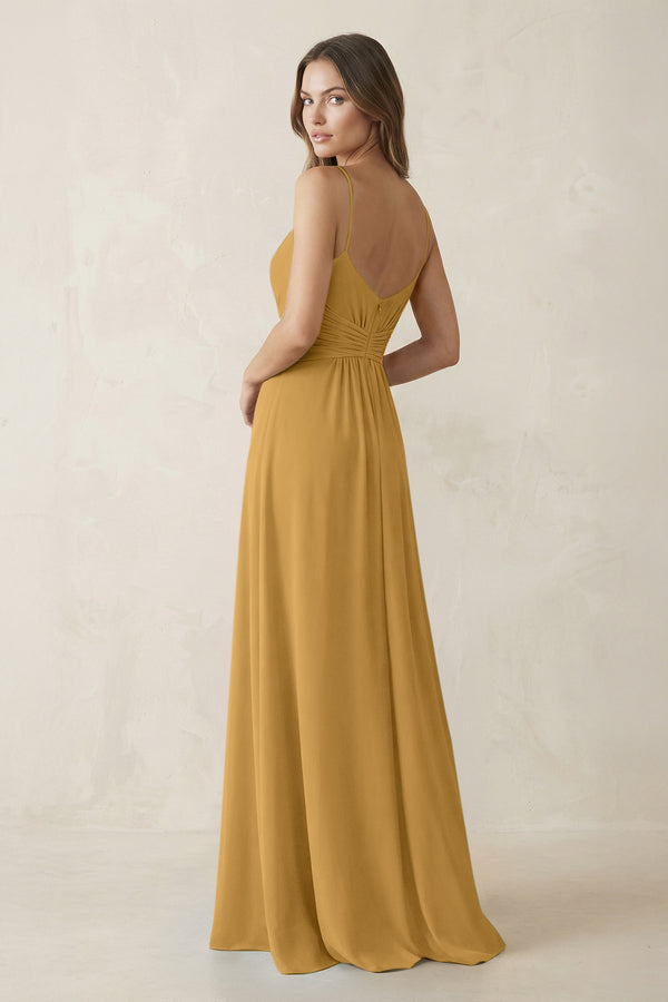 Spaghetti Strap Ruched Chiffon A-Line Bridesmaid Dress in Marigold (2) | KISSBRIDAL