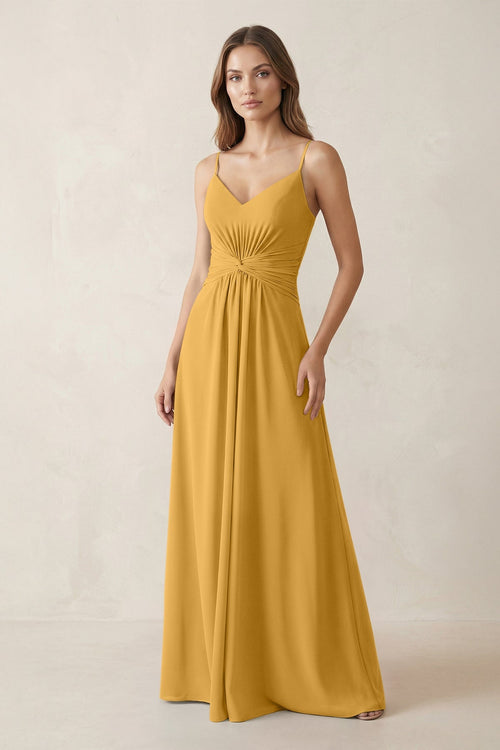 Spaghetti Strap Ruched Chiffon A - Line Bridesmaid Dress in Marigold - SHE IS ME Bridesmaid Dresses