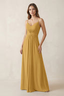 Spaghetti Strap Ruched Chiffon A-Line Bridesmaid Dress in Marigold | KISSBRIDAL