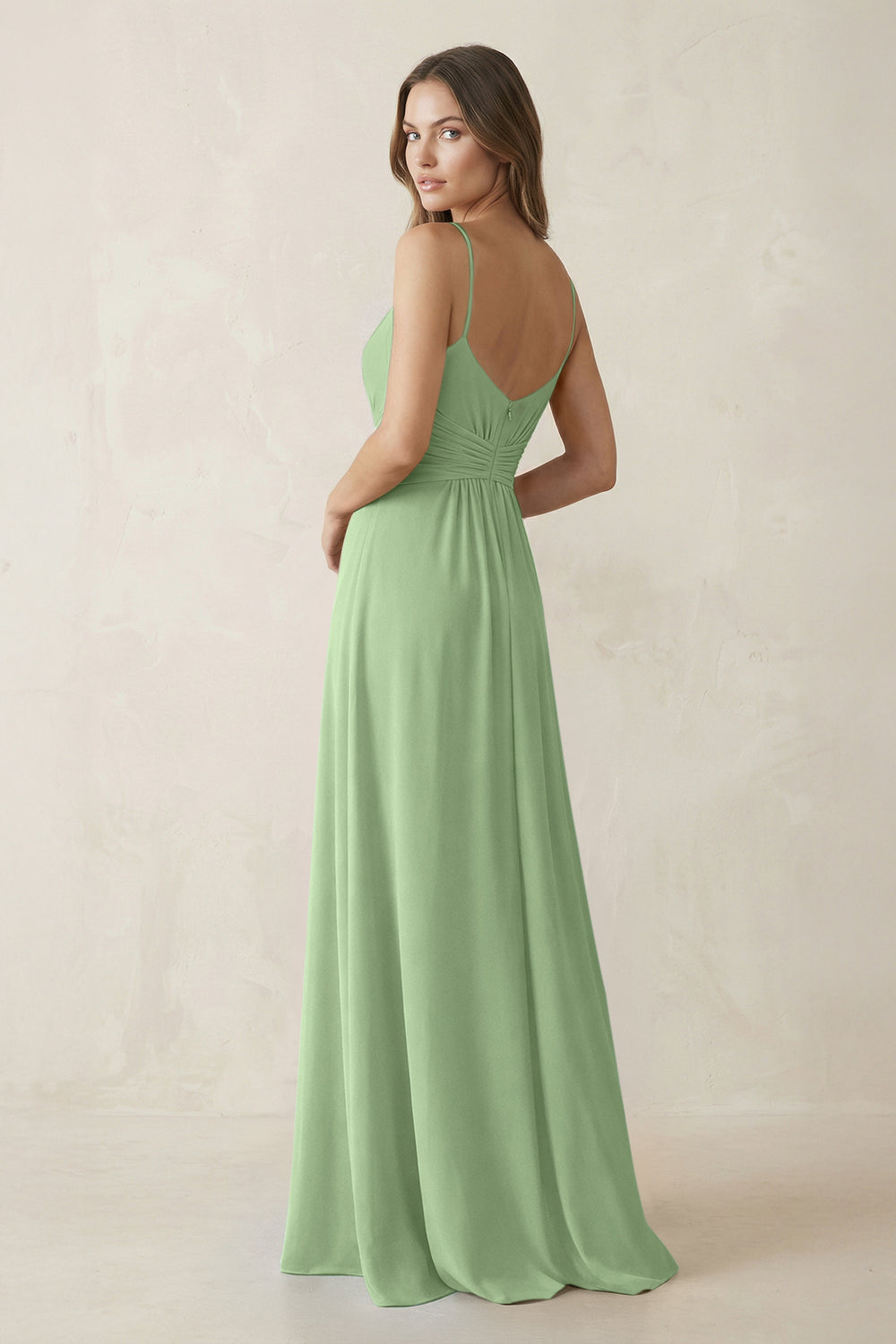 Spaghetti Strap Ruched Chiffon A-Line Bridesmaid Dress in Matcha