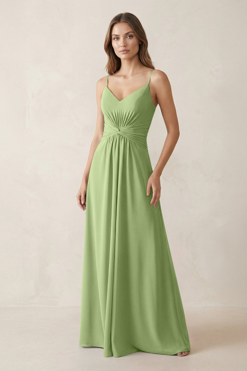Spaghetti Strap Ruched Chiffon A - Line Bridesmaid Dress in Matcha - KISS BRIDAL Bridesmaid Dresses