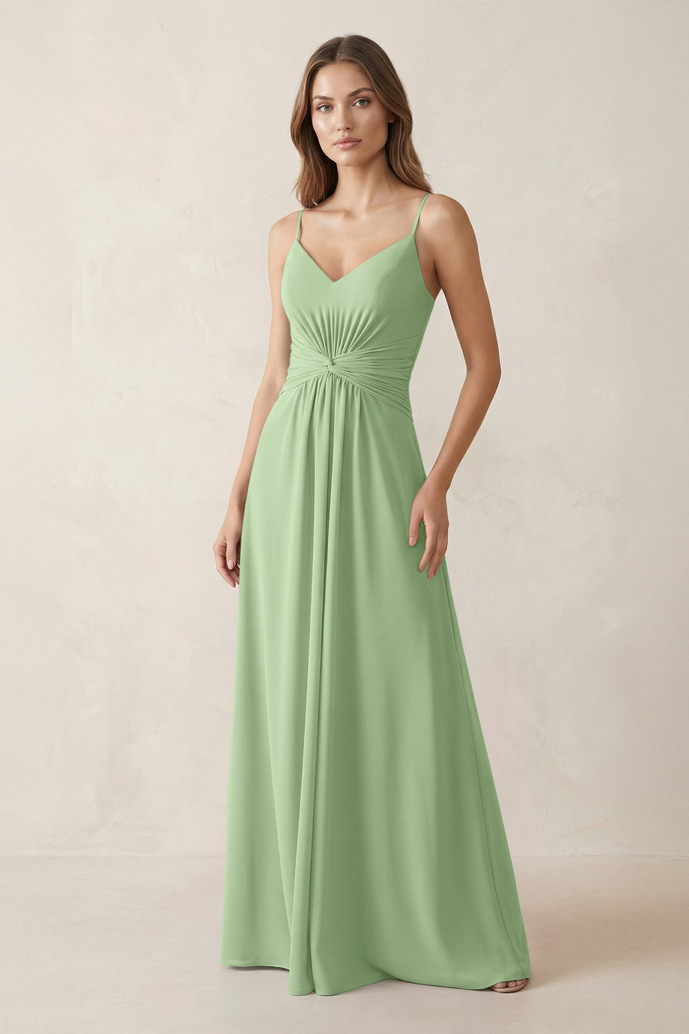 Spaghetti Strap Ruched Chiffon A-Line Bridesmaid Dress in Matcha