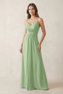 Spaghetti Strap Ruched Chiffon A-Line Bridesmaid Dress in Matcha | KISSBRIDAL