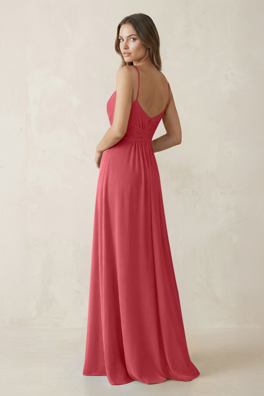Spaghetti Strap Ruched Chiffon A - Line Bridesmaid Dress in Merlot - KISS BRIDAL Bridesmaid Dresses