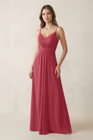 Spaghetti Strap Ruched Chiffon A-Line Bridesmaid Dress in Merlot | KISSBRIDAL