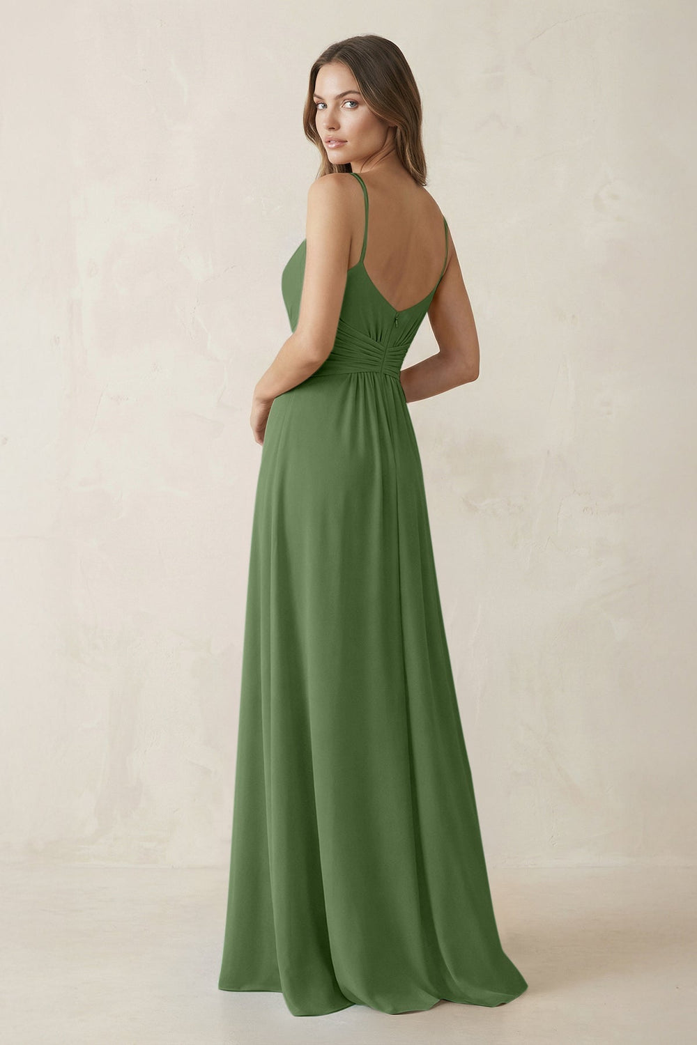 Spaghetti Strap Ruched Chiffon A - Line Bridesmaid Dress in Moss - KISS BRIDAL Bridesmaid Dresses
