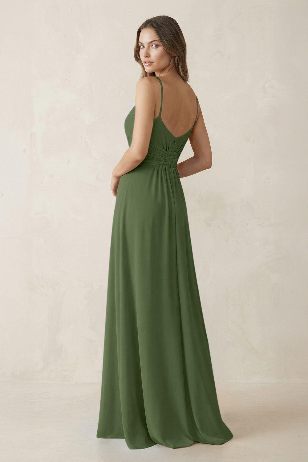 Spaghetti Strap Ruched Chiffon A-Line Bridesmaid Dress in Moss