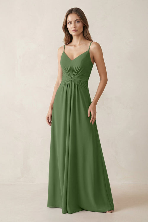 Spaghetti Strap Ruched Chiffon A - Line Bridesmaid Dress in Moss - SHE IS ME Bridesmaid Dresses
