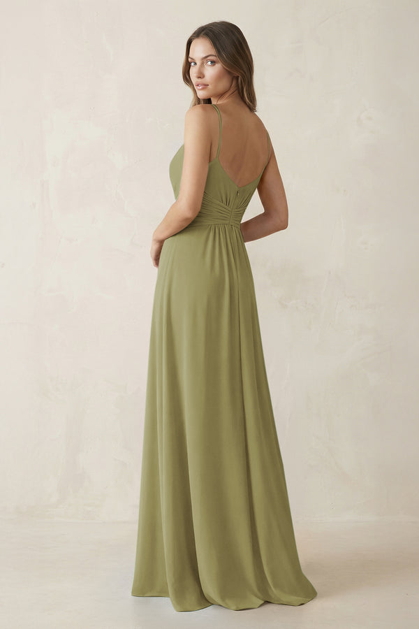 Spaghetti Strap Ruched Chiffon A-Line Bridesmaid Dress in Moss Green (2) | KISSBRIDAL