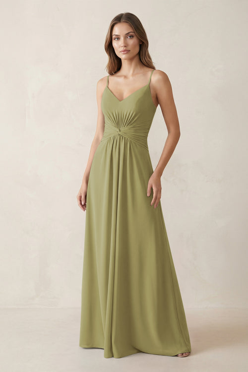 Spaghetti Strap Ruched Chiffon A-Line Bridesmaid Dress in Moss Green | KISSBRIDAL