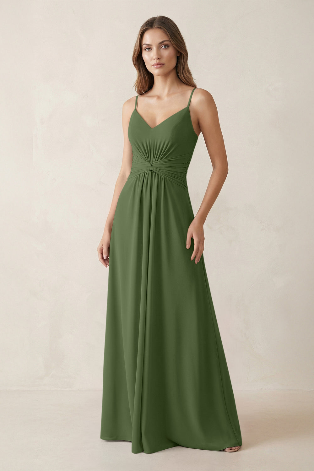 Spaghetti Strap Ruched Chiffon A-Line Bridesmaid Dress in Moss