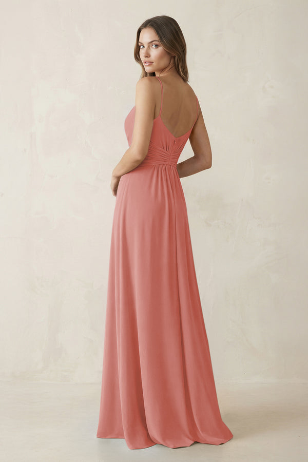 Spaghetti Strap Ruched Chiffon A-Line Bridesmaid Dress in Mulberry (2) | KISSBRIDAL