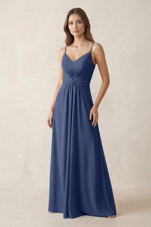 Spaghetti Strap Ruched Chiffon A - Line Bridesmaid Dress in Navy - SHE IS ME Bridesmaid Dresses
