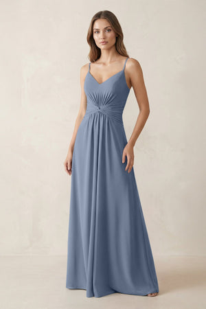 Spaghetti Strap Ruched Chiffon A - Line Bridesmaid Dress in Neptune - SHE IS ME Bridesmaid Dresses