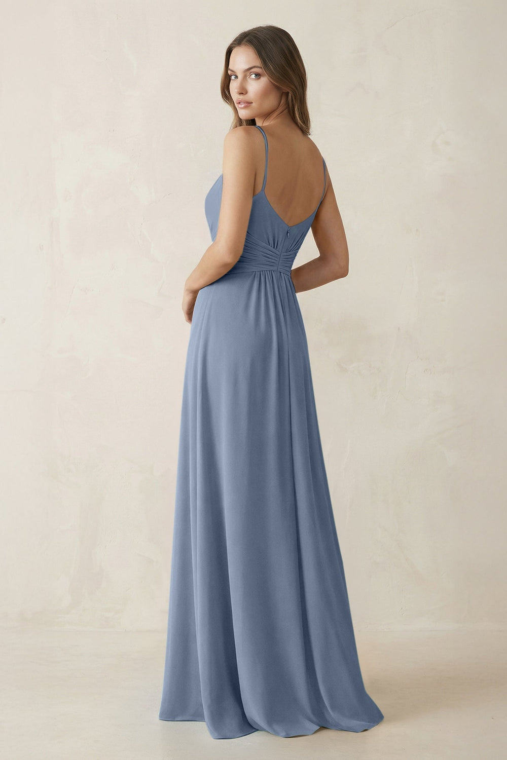 Spaghetti Strap Ruched Chiffon A - Line Bridesmaid Dress in Neptune - KISS BRIDAL Bridesmaid Dresses