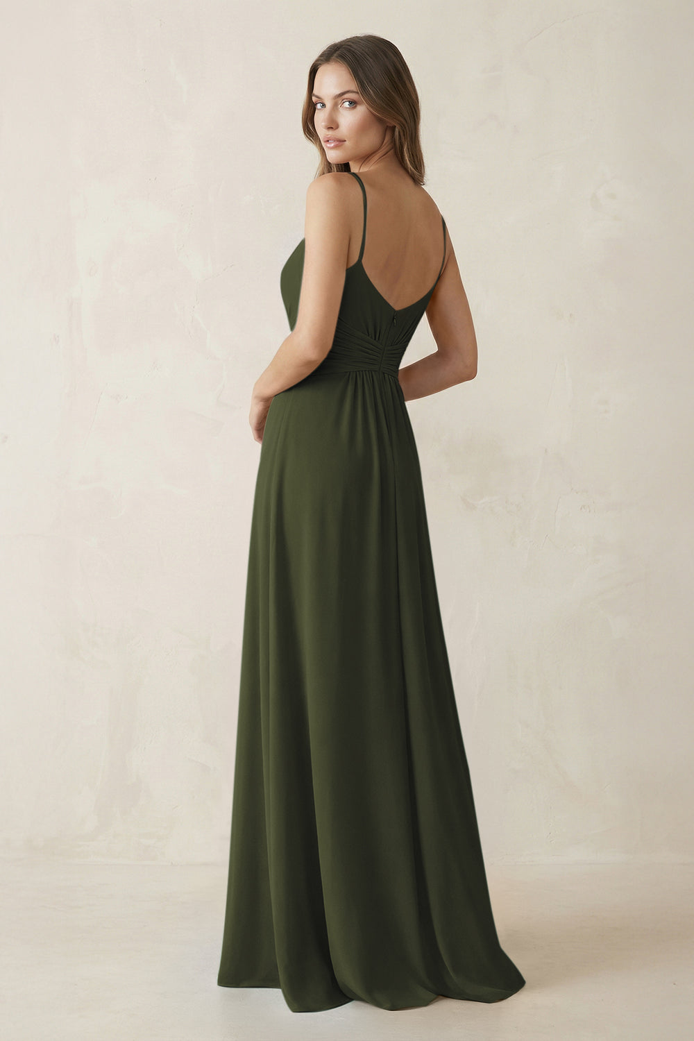 Spaghetti Strap Ruched Chiffon A-Line Bridesmaid Dress in Olive