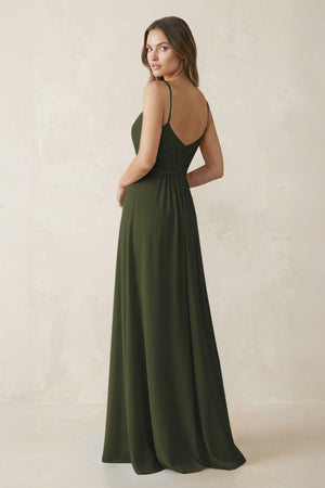 Spaghetti Strap Ruched Chiffon A-Line Bridesmaid Dress in Olive (2) | KISSBRIDAL