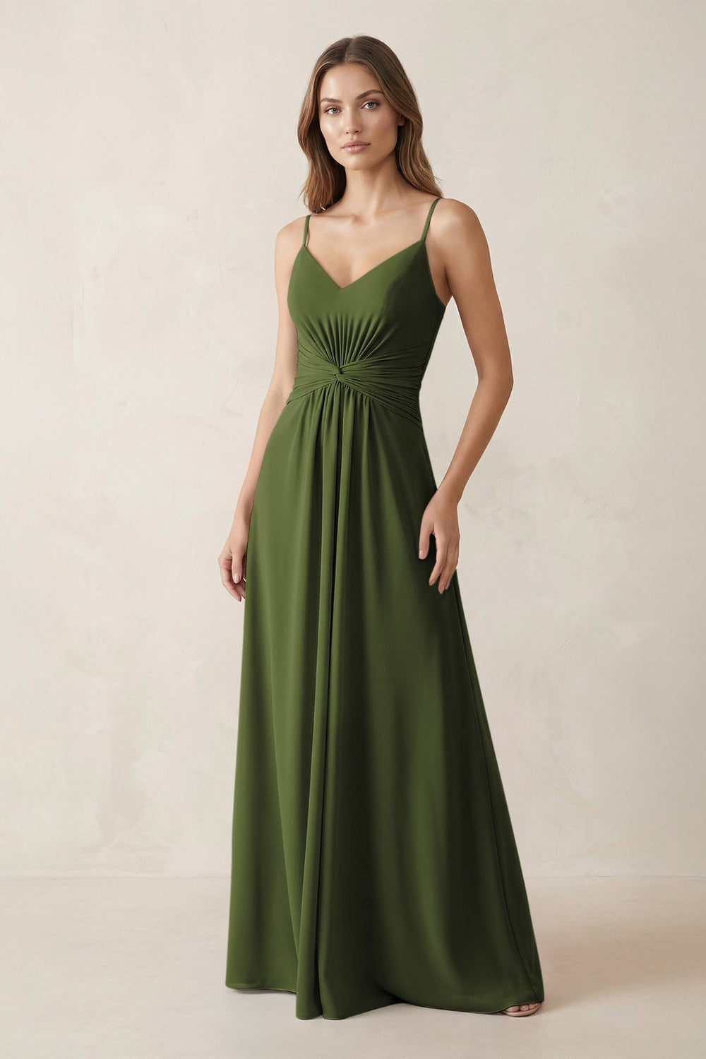 Spaghetti Strap Ruched Chiffon A - Line Bridesmaid Dress in Olive - KISS BRIDAL Bridesmaid Dresses